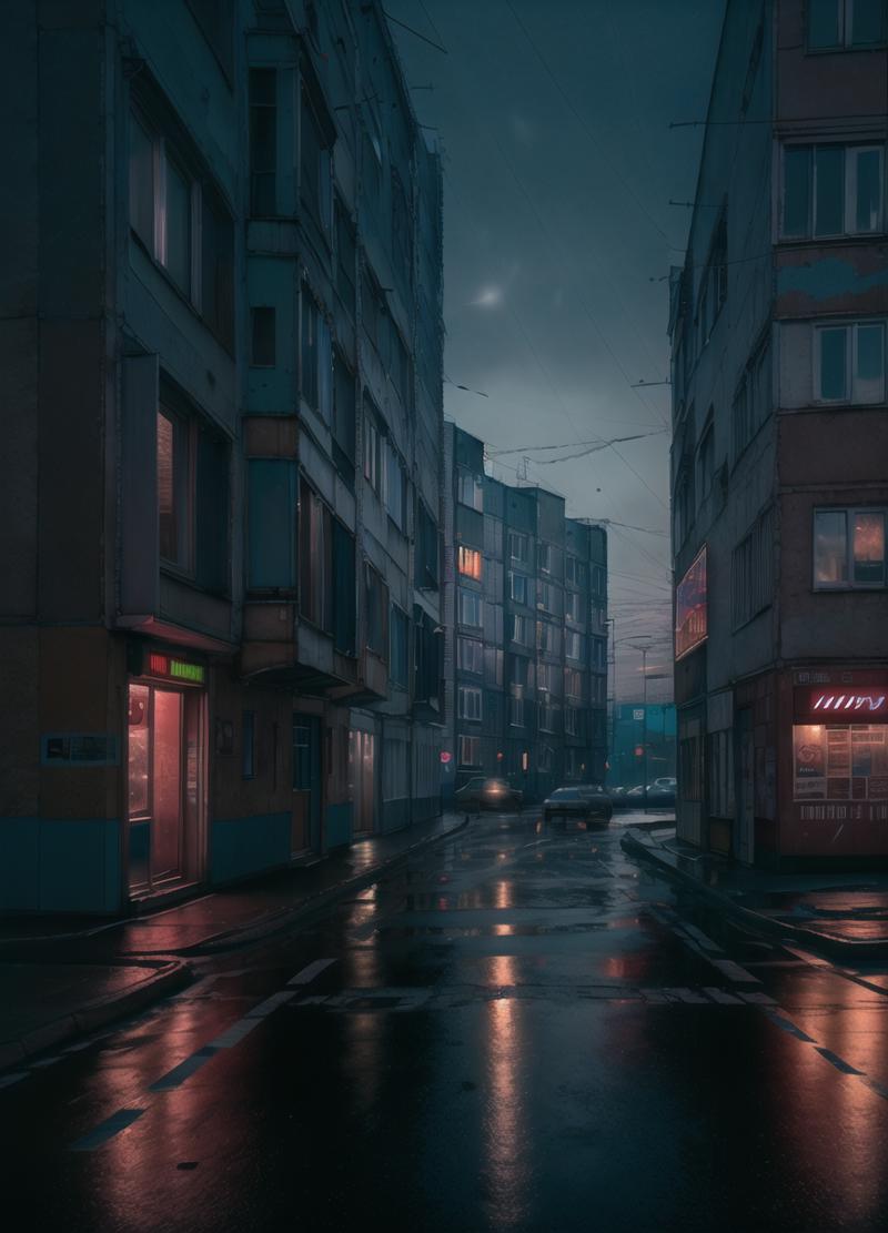 14026-824055614-low angle, russianebenya, old panel houses, street, neon lights, cyberpunk, dark evening, movie still, 80mm lens, masterpiece, b.png